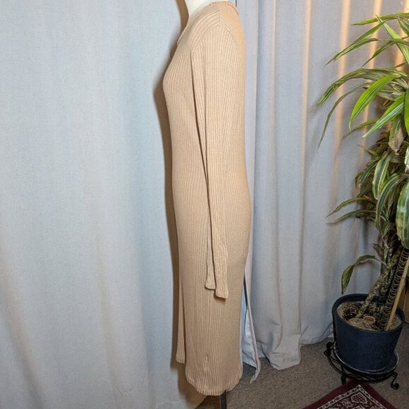 Reformation Wednesday Dress Midi Camel Tan Ribbed Long Sleeve Stretch Large - Picture 3 of 11